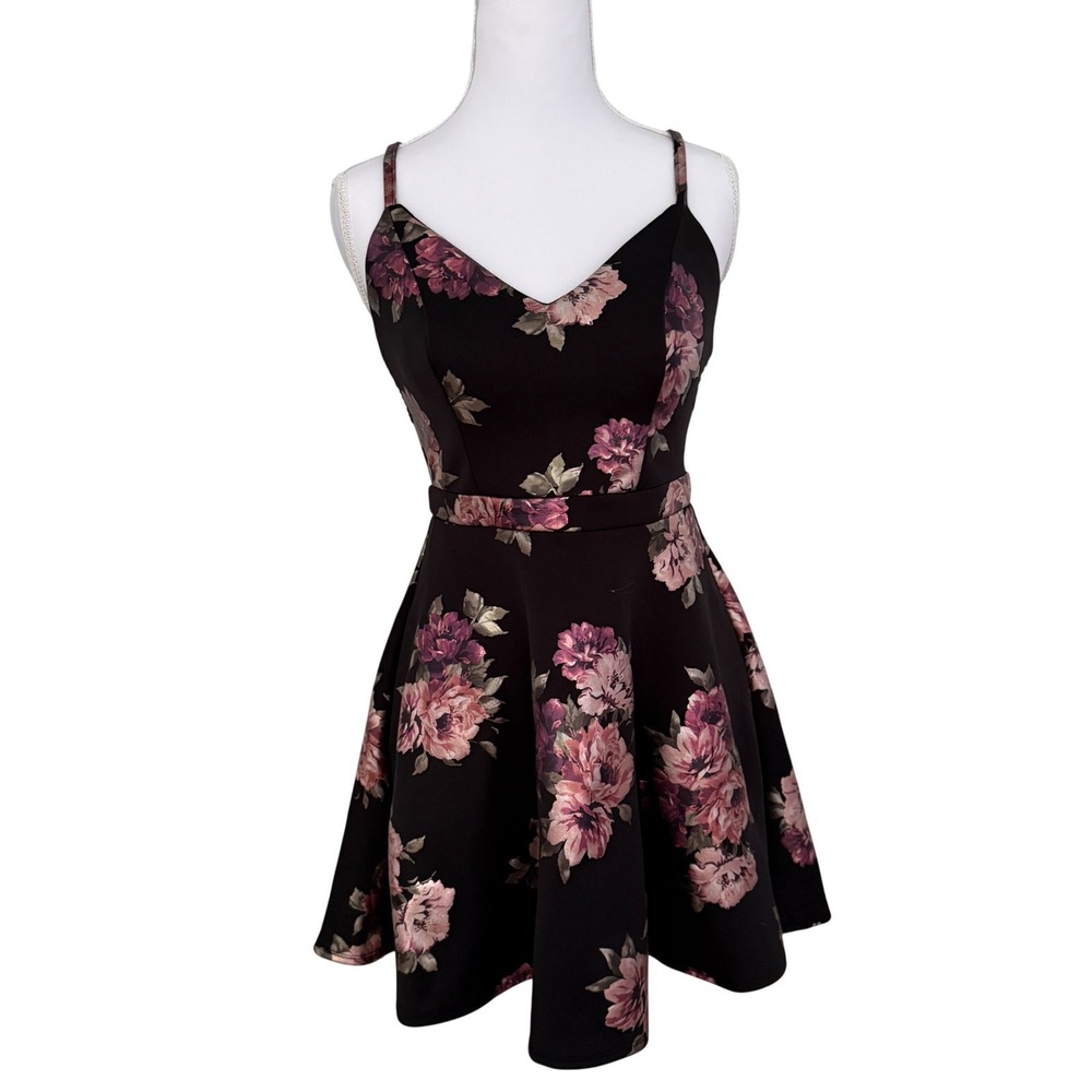 Speechless Fit and Flare Dress Womens 3 Black Pink Floral Lace Back Pockets